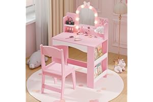 MU Kids Vanity with Lights, Princess Makeup Vanity Table and Chair Set for Girls, Toddler Vanity Desk with Open Bookshelf, Storage Cabinet & Shelves, Stools, Pink