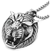 COOLSTEELANDBEYOND Stainless Steel Mens Tiger Head Pendant Necklace with 30 inches Wheat Chain