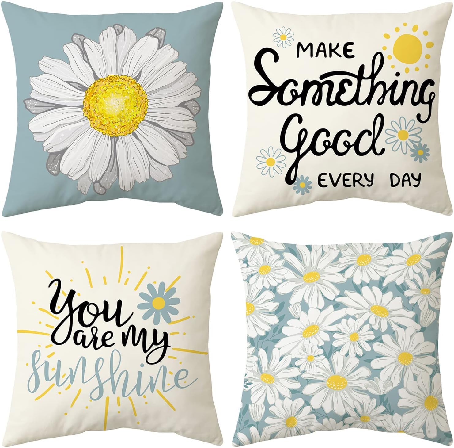 BAOKU Cushion Covers 45x45 cm Pillow Covers Spring Decorative Home Decor for Bed Couch Sofa Bedroom Office Pack of 4 light Blue, white, daisy flowers Pattern Linen Pillowcase