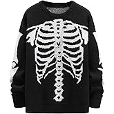 SHENHE Men's Casual Knit Pullover Color Block Skeleton Pattern Halloween Sweater