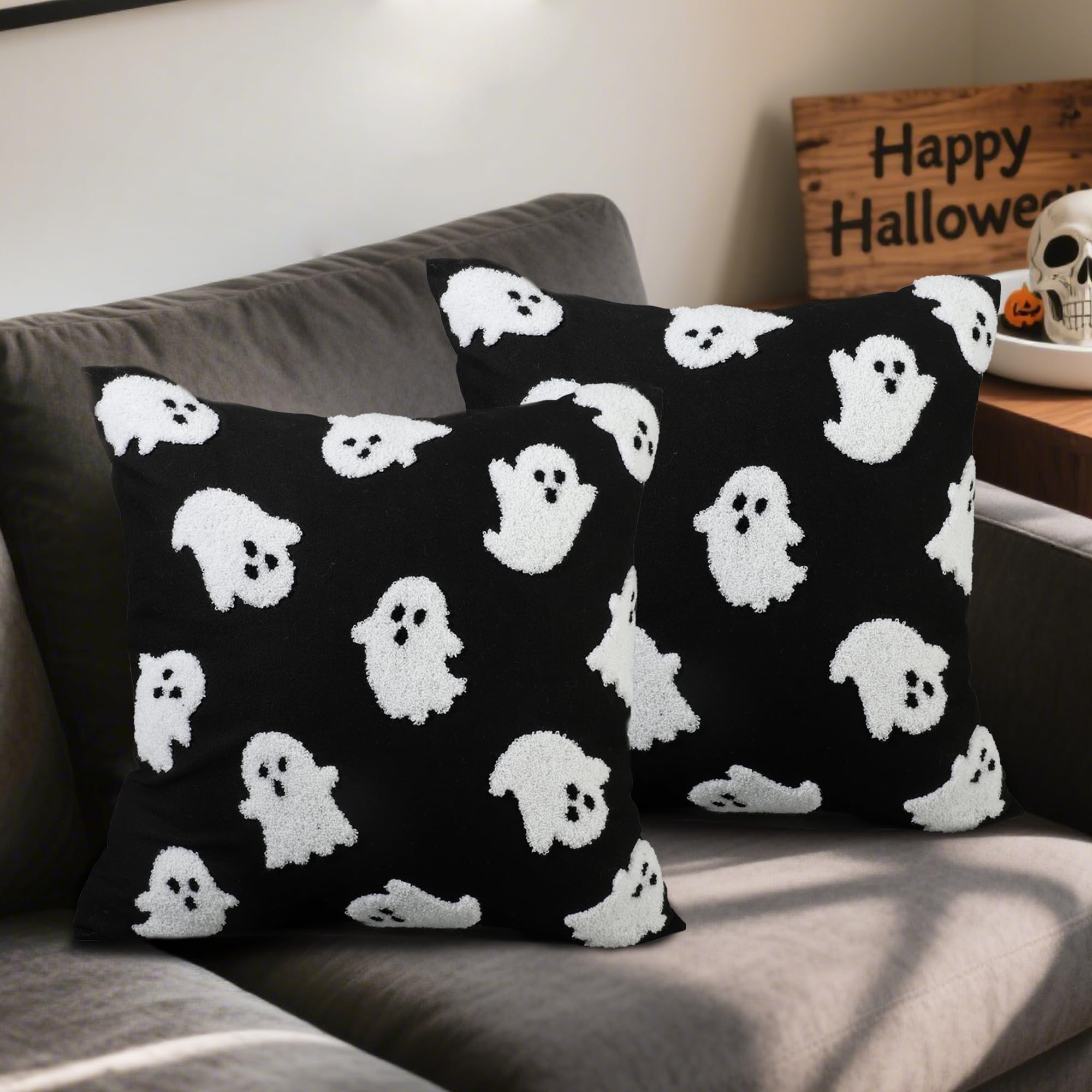 Photo 1 of 2PCS Halloween Pillow Covers 18 x 18 Inch White Ghost Throw Pillow Cases 3D Embroidered Cushion Covers Halloween Black Decorative Pillowcases for Sofa Couch Bed Living Room Home Indoor Outdoor Decor