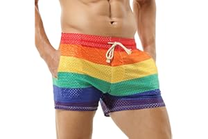 WENKOMG1 Mens Rainbow Shorts Gay Pride See Through Mesh Shorts Sexy Elastic Waist Strechy Breathable Underwear