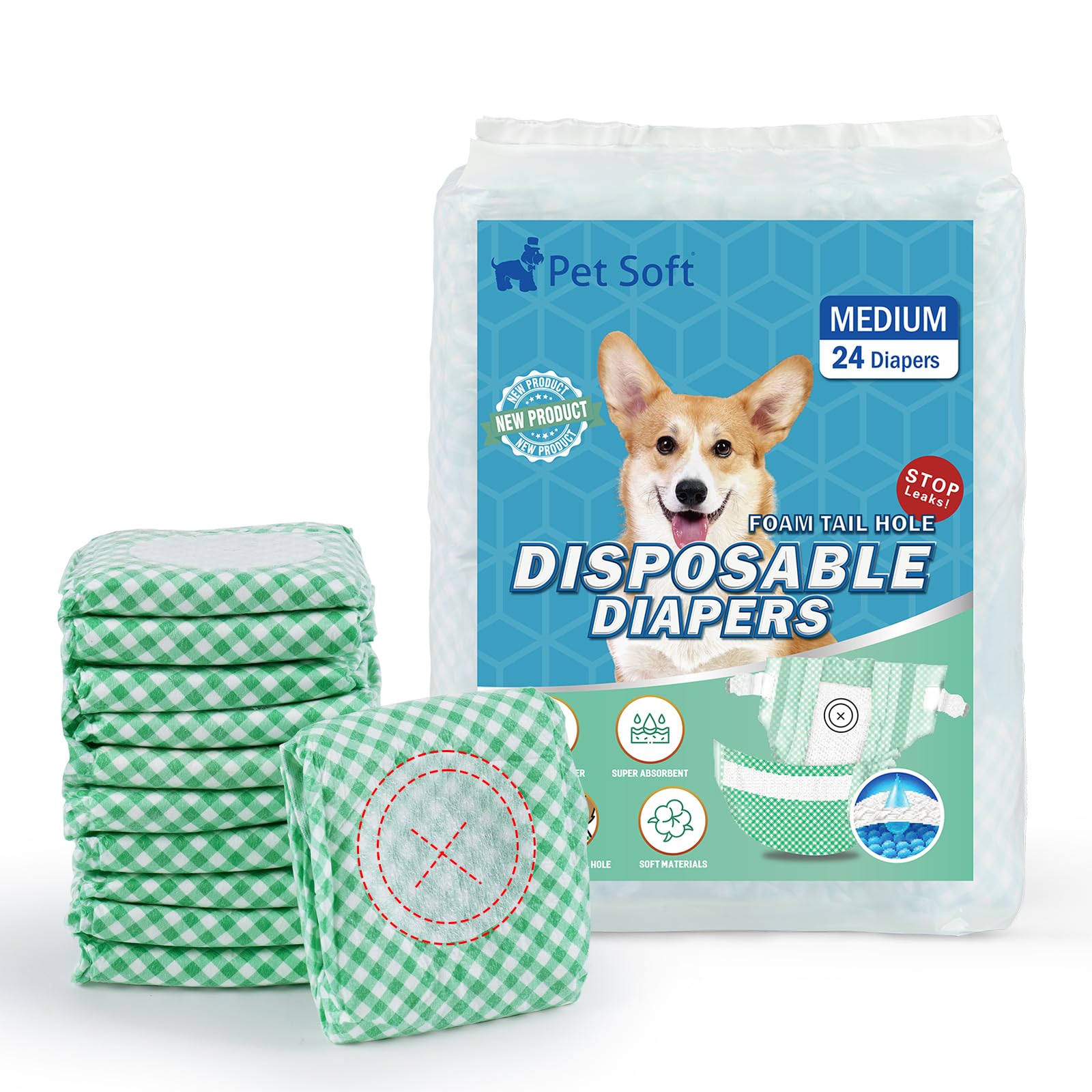 Pet Soft Dog Nappies Female, 24 Count Super Absorbent Disposable Dog Diapers for Female Doggy Puppy Cat with Adjustable Tail Hole