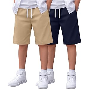 Hyggeweir Boys School Uniform Shorts | Pull On Bermuda Shorts, Flat Front Performance Design, Drawstring Waist with Pockets,B