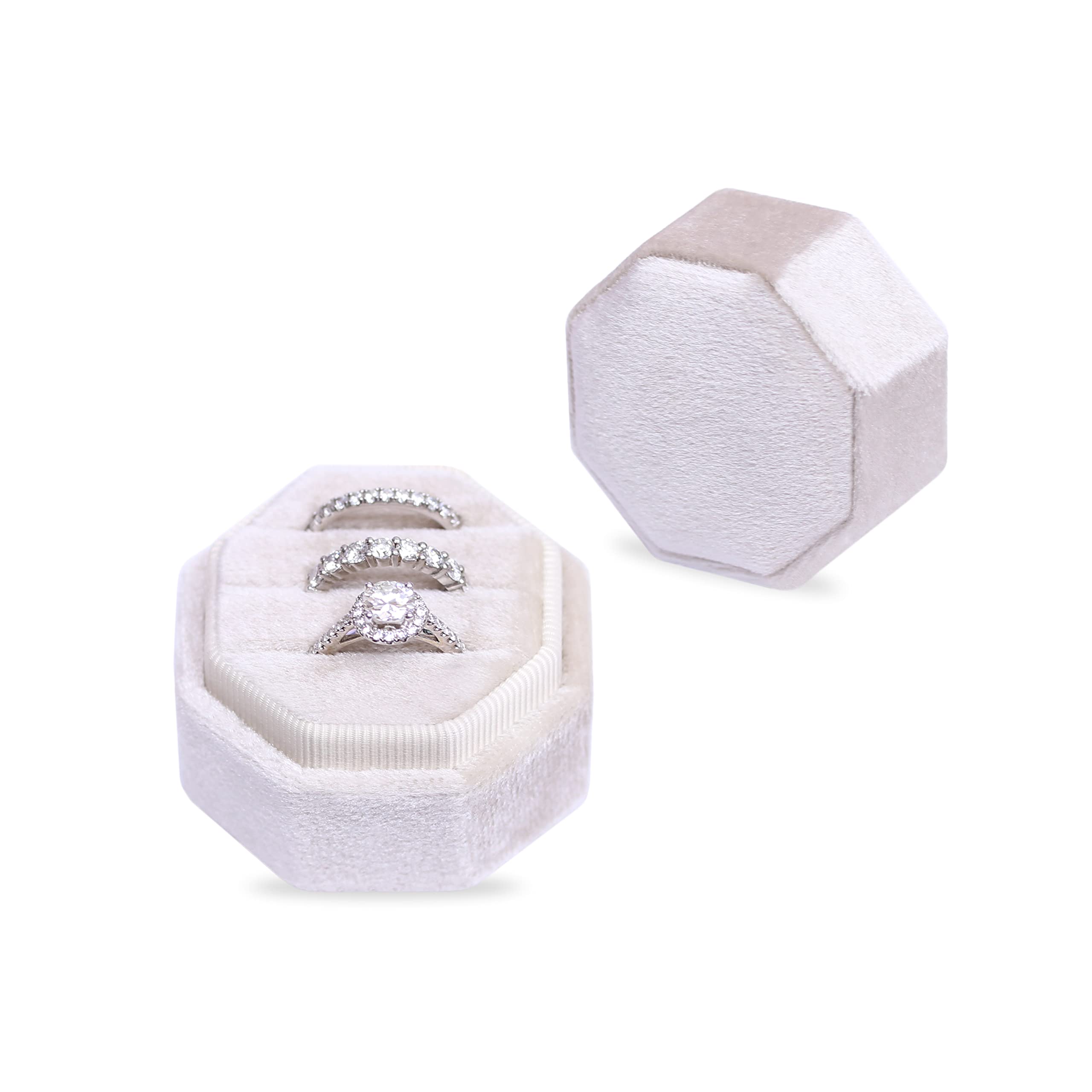 BLUTETE BLUTETE Velvet 3 Slots Jewelry Ring Box Engagement Wedding Box Keepsake Box Bridal Photo Ring Triple Slots Octagon (Champagne)