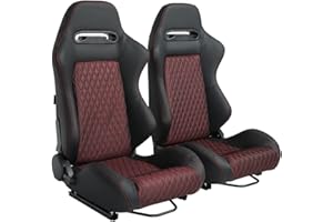 ELOUNTIK 2 Pcs Adjustable Universal Racing Seats with Double Sliders, Reclinable Bucket Seats, 1 Pair of Sport Seats for Vehicles (Black+Red B)
