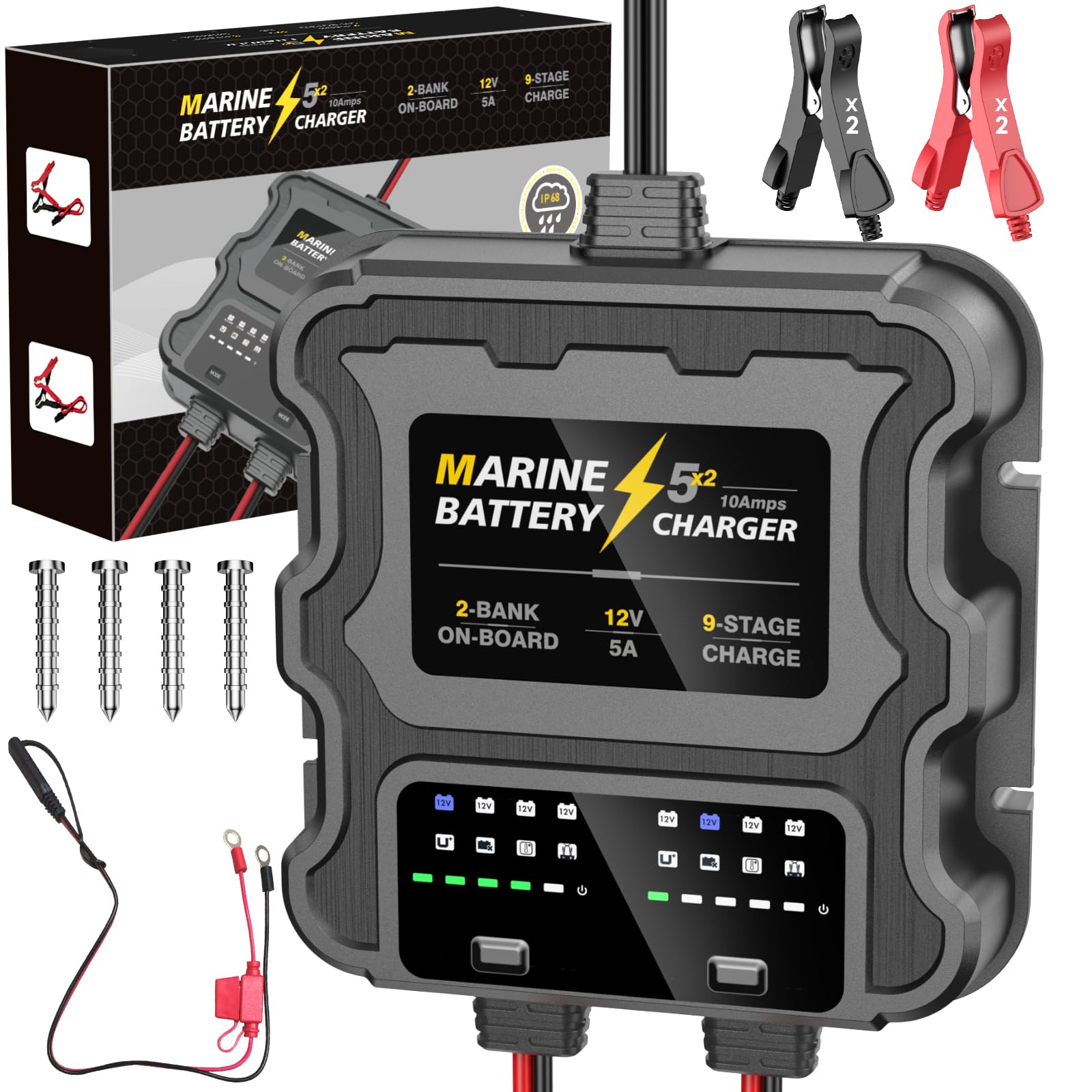 Photo 1 of Smart 2 Bank Marine Battery Charger, 10A (5A/Bank), 12V,Waterproof,lifepo4 Lithium Battery Charger Maintainer and Desulfator for AGM, Lithium,Deep-Cycle Batteries Boat Accessories