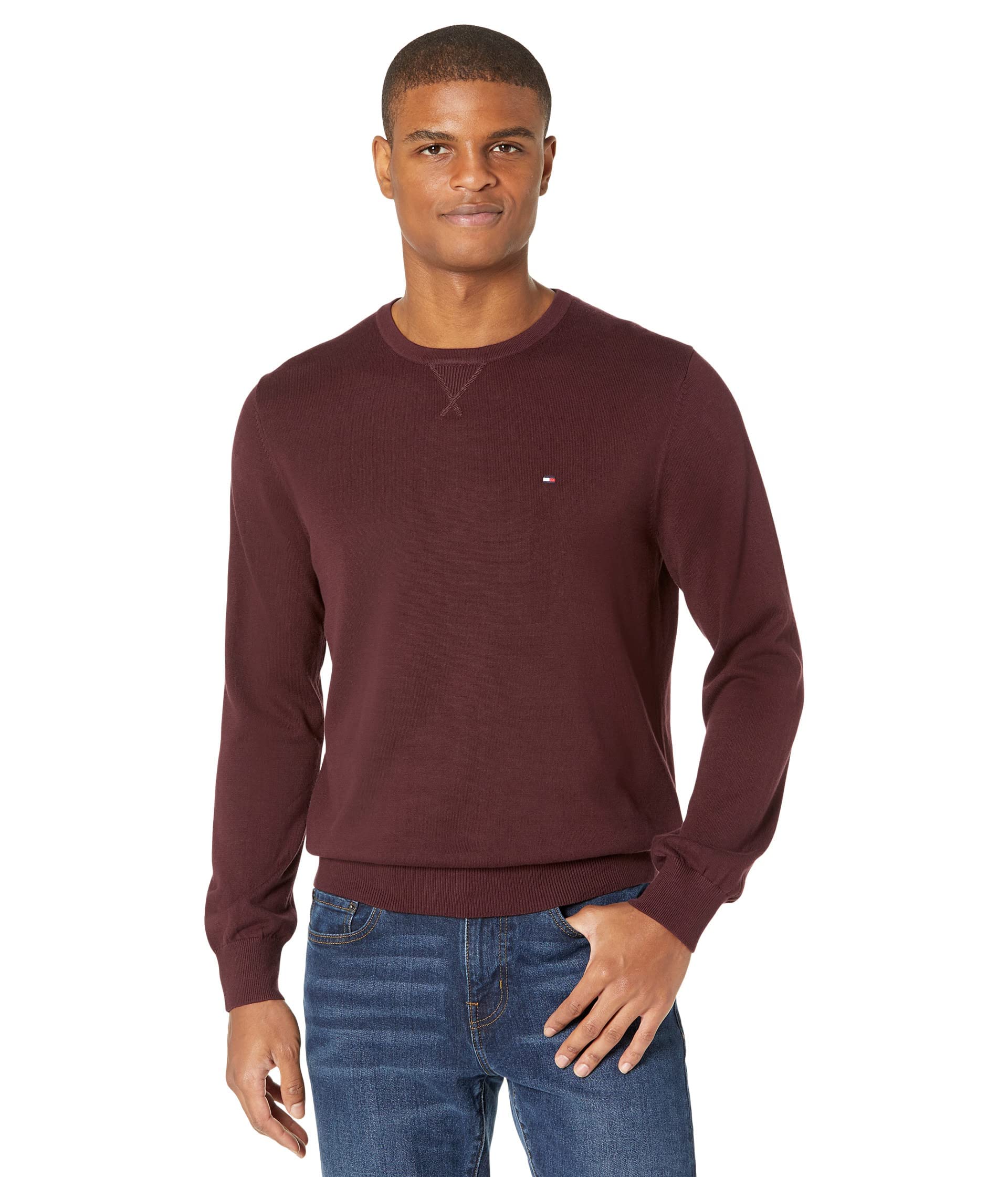 Tommy Hilfiger Mens Solid Crewneck Sweater, Dark Cabernet, X-Small US Image