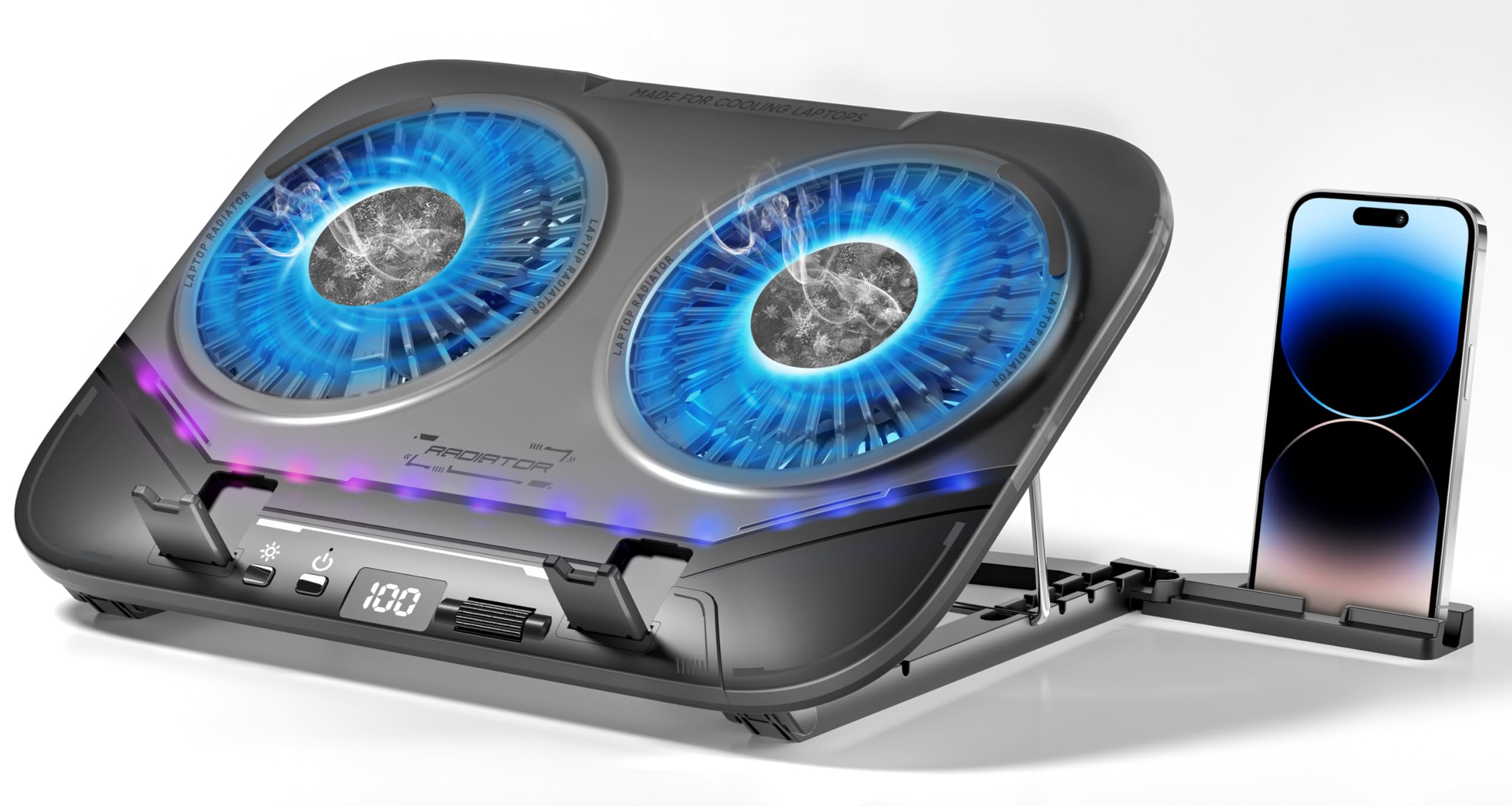 Photo 1 of PZT Dual-Core TEC Laptop Cooling Pad with Dual Stepless-Quiet Fans, 5-Height Adjustable Laptop Cooling Stand, 10-Level RGB for 13-17 Inch Laptops, Includes 15W Charger, Smoky Black