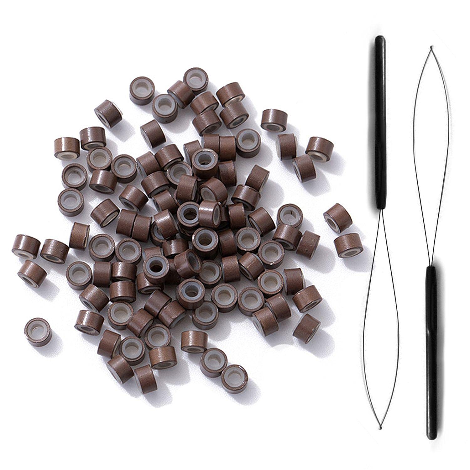 QEEQPF 300 Pcs 5mm Silicone Lined Links Beads, Linkies for Bonding Human Hair Feather Extensions and 2 Extension Loop Needle Threader Pulling Hook Tool or Extensions. (Brown)