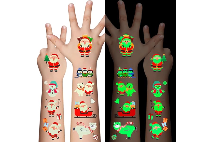 Awinmay Luminous Christmas Temporary Tattoos for Kids – 120 Pieces Christmas Glow in The Dark Tattoos Stickers for Boys and Girls,Christmas Party Favors for Kids Stocking Stuffers and Gifts 10 Sheets