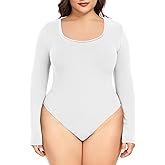 FOREYOND Plus Size Bodysuits for Women Long Sleeve Scoop Neck Body Suit Tops Casual Slim Fit Basic Leotards Shirts