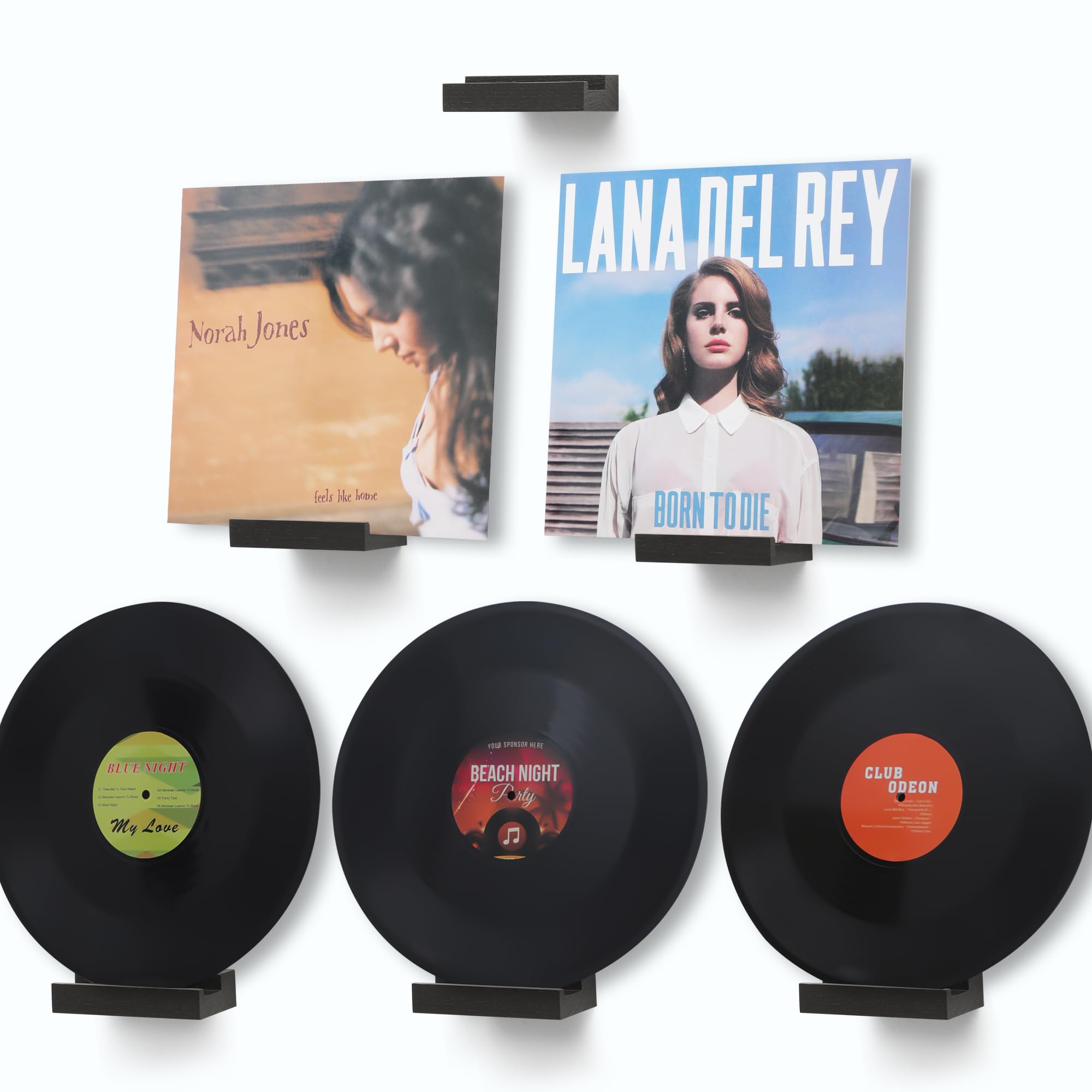 PHOENANCEE Solid Oak Wood, Record Wall Mount Shelf, Record Display Holder for LP Storage, Easy Install Floating Shelves(Rustic Black, Set of 6)