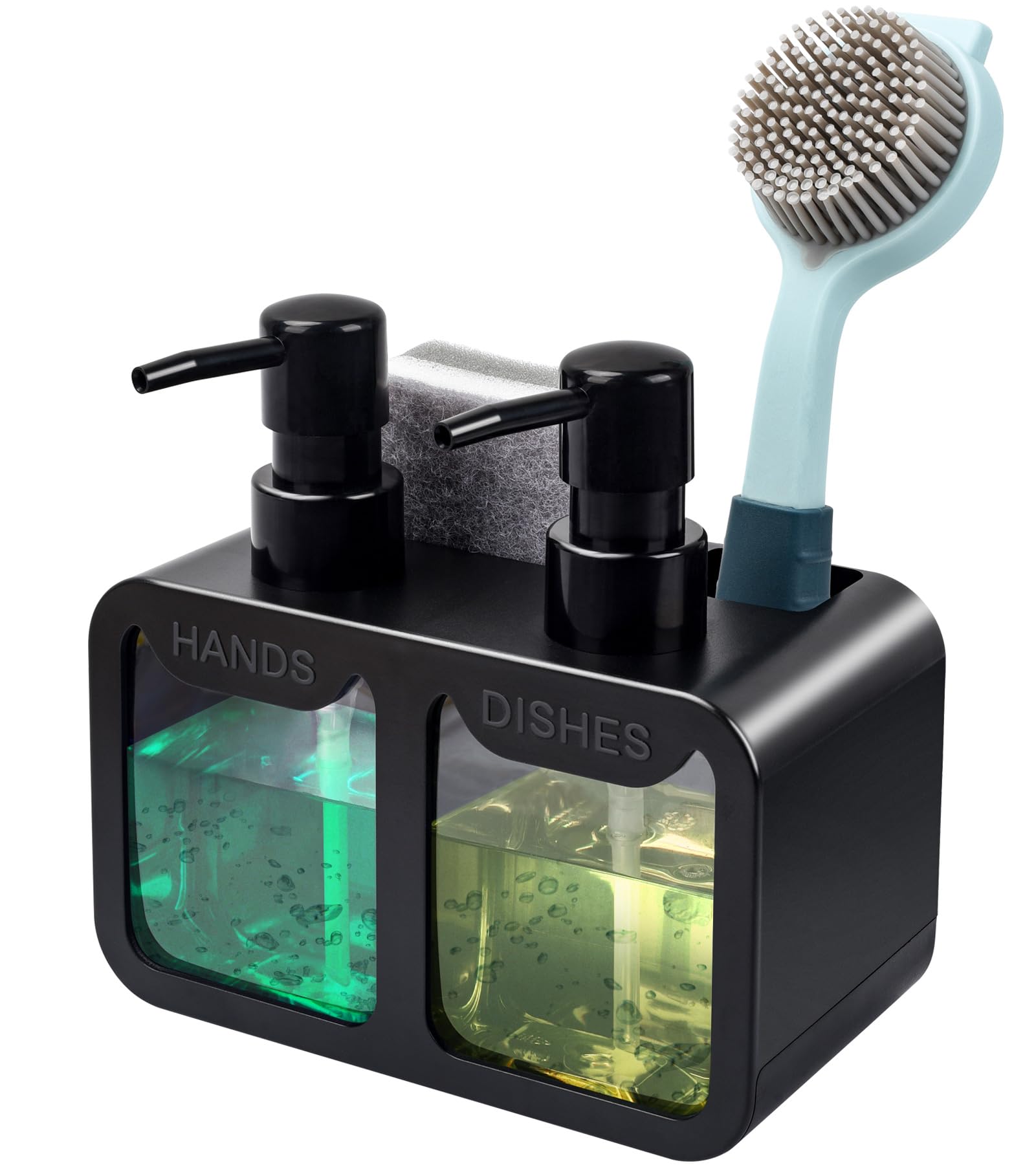Kitchen Hand Soap and Dish Soap Dispenser Set, Dual Soap Dispenser with Sponge Caddy and Brush Holder 4-in-1 Organizer for Kitchen Sink Countertop, Useful Kitchen Gadgets - Black