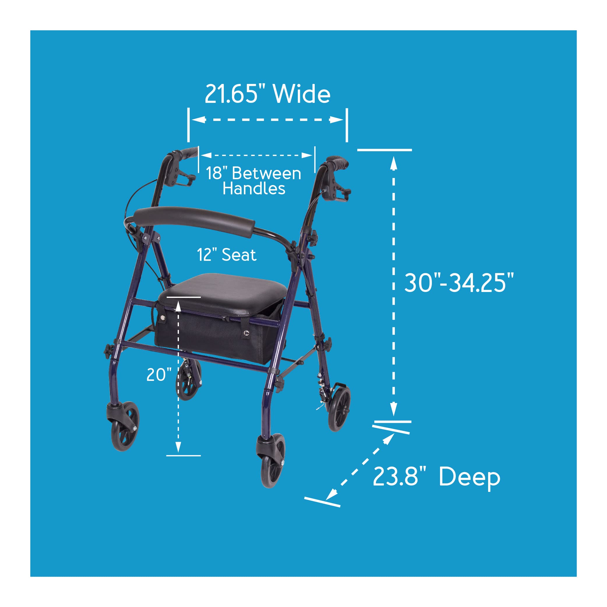 Carex Steel Rollator Walker with Seat and Wheels, Rolling Walker for Seniors, Supports 350lbs, For 5'0
