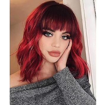 Amazon Com Benemge Red Wavy Wig With Bangs 12 Inch Curly Bob