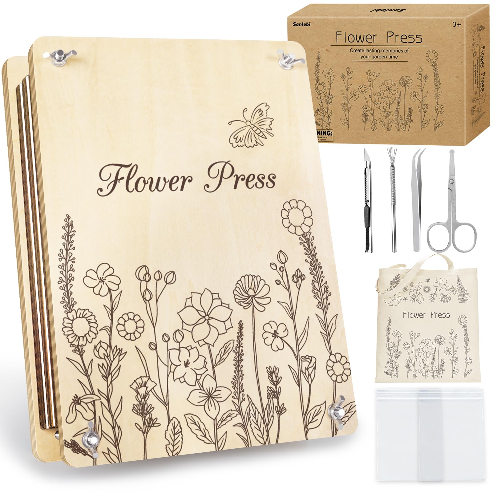 Sanlebi Large Flower Press for Adults Kids - 11.8x8.3 Inches (30x21cm) 10 Layers DIY Wooden Flower Pressing Kit with Storage Bag Arts and Crafts Kits for Adults Great Gift