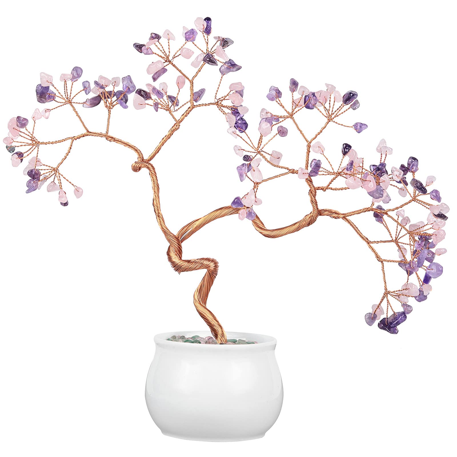 Nupuyai Amethyst & Rose Quartz Crystal Money Tree with Ceramic Base, Good Luck Healing Stone Feng Shui Bonsai Gem Tree Spiritual Ornament for Home Office Decor, 20-24cm