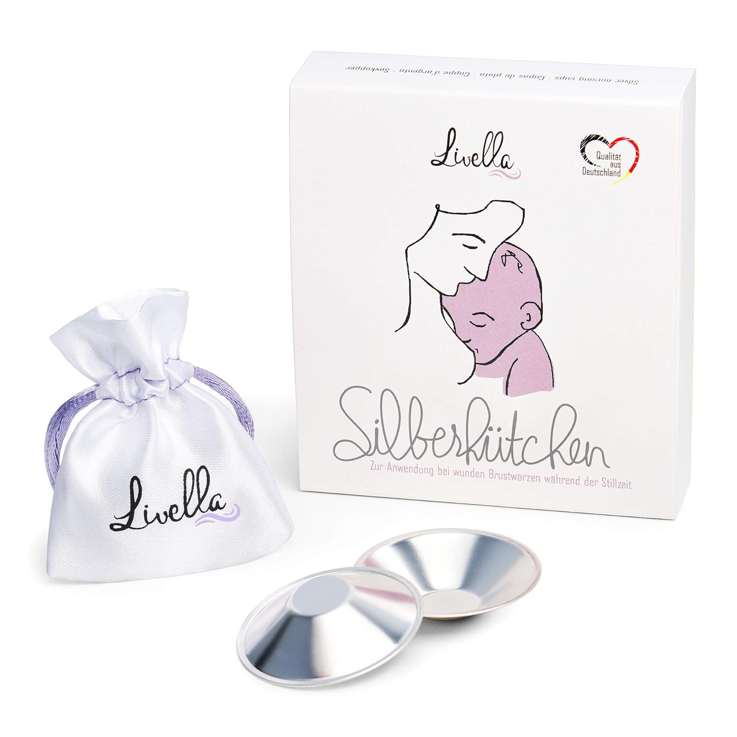 Livella Silberhütchen - Schützt und beruhigt bei wunden und empfindlichen Brustwarzen - Medizinprodukt hergestellt in Deutschland - Stillhütchen 2 Stück - massives 999 Silber - Frei von Kupfer Nickel