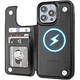 ONETOP Compatible with Magsafe for iPhone 14 Pro Max Wallet Case with Card Holder, PU Leather Kickstand RFID Blocking Case, Double Magnetic Clasp and Durable Shockproof Cover 6.7 Inch (Black)