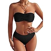 ZAFUL Women's Strapless Twist Bandeau Bikini 2 Piece Swimwear Cheeky Solid Lace up Bathing Suits