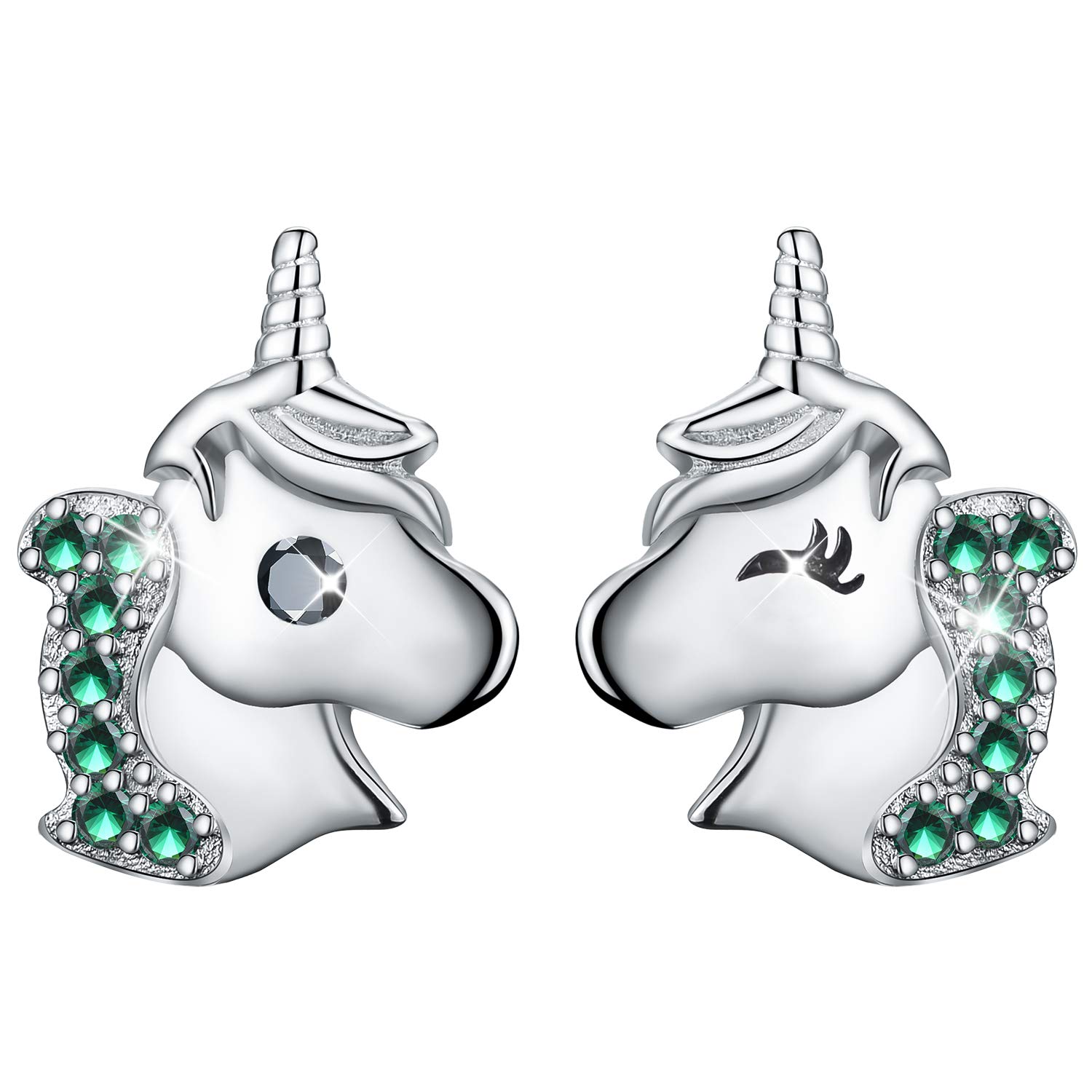 Esberry 18K Gold Plating 925 Sterling Silver Stud Earrings Unicorn with Cubic Zirconia Asymmetry Earrings Hypoallergenic Earrings for Girls and Women (Green)