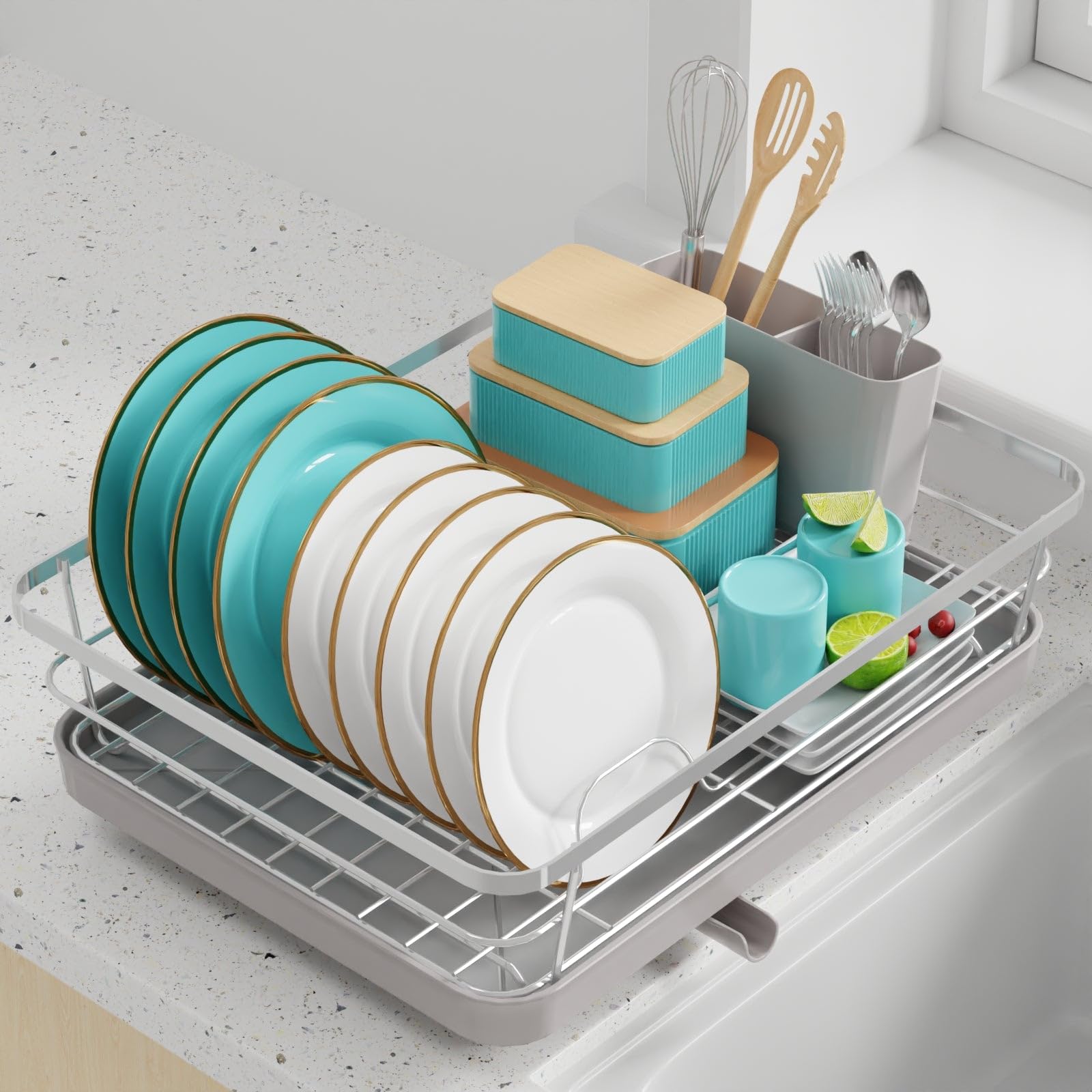 Photo 1 of Sakugi Dish Drying Rack - Stainless Steel Dish Rack with Drainboard for Kitchen Counter and Sink, 12.0''W x 15.6''L, Silver