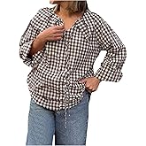 GORGLITTER Women's Gingham Plaid Tops Blouse Peasant Lantern Sleeve Tie Neck Collar Shirts