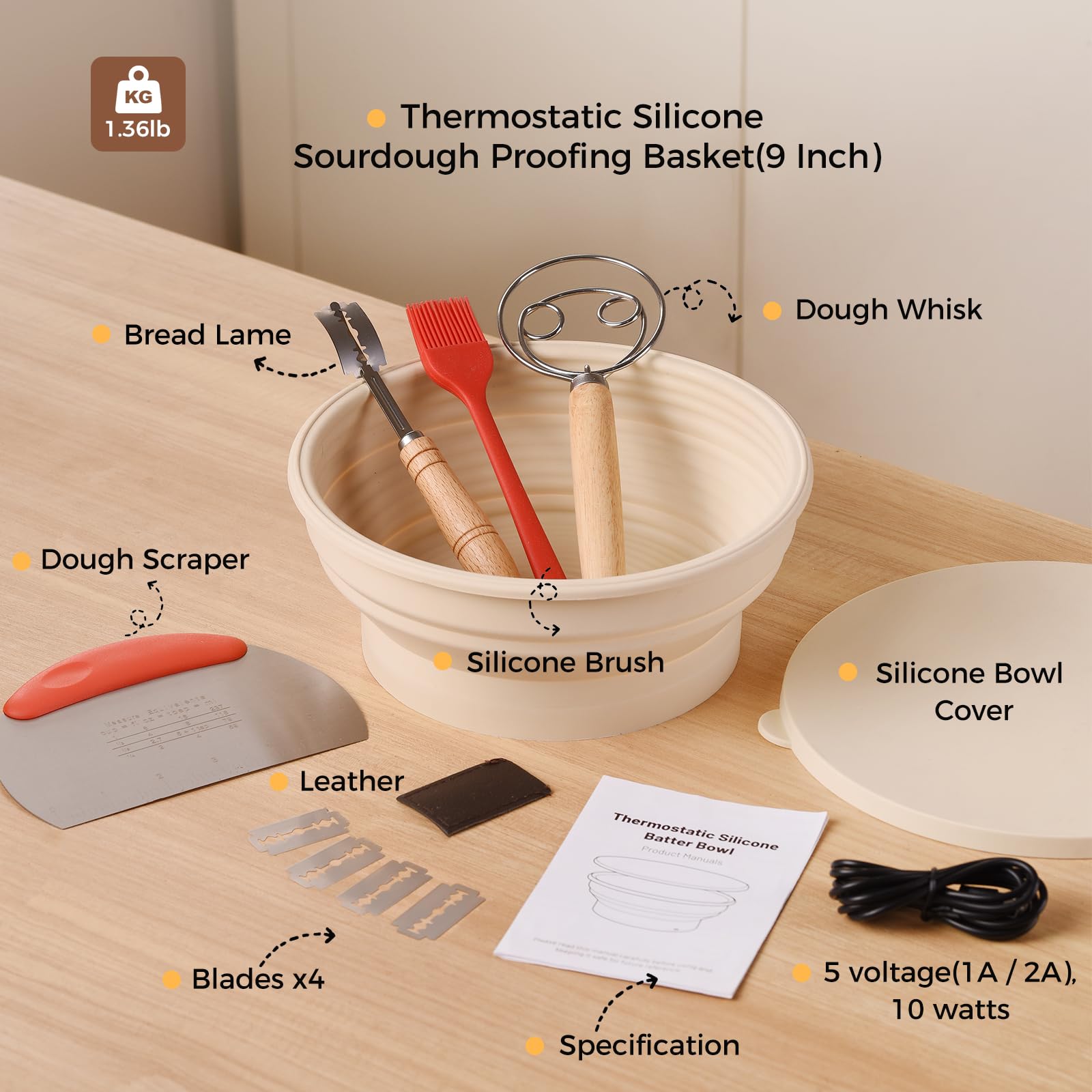 Yacumx Heating Sourdough Bread Proofing Basket Set, Electric Thermostatic Silicone Batter Bowl, Banneton Baking Supplies, 9 Inch Round Foldable Proofing Bowl, White