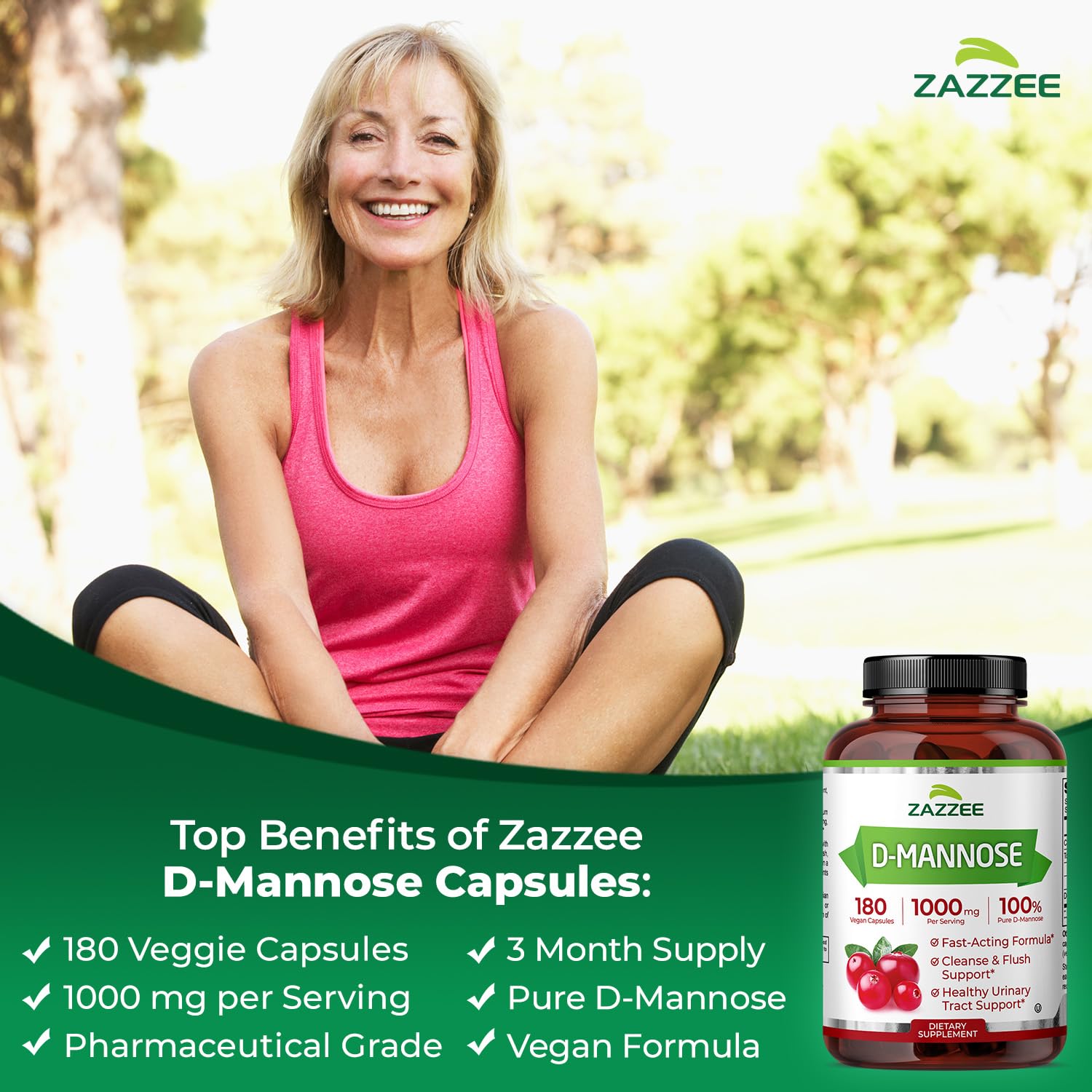 Zazzee D-Mannose, 1000 mg per Serving, 180 Vegan Capsules, 3 Month Supply, Potent & Fast-Acting, Certified Kosher, 100% Pure, All-Natural Urinary Tract Health Support, 100% Vegetarian, Non-GMO