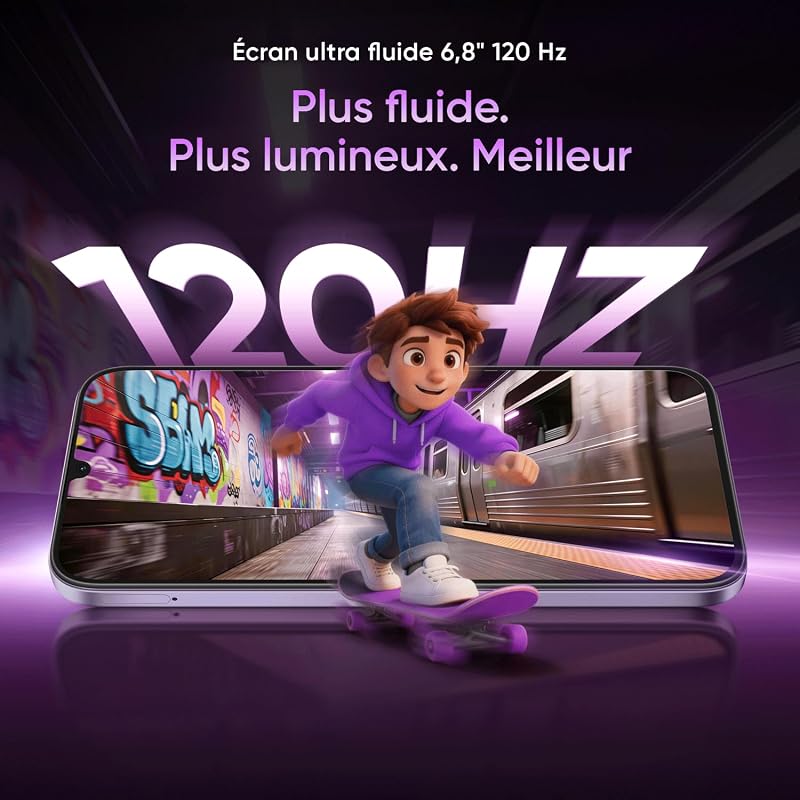 Smartphone realme P4 Lite 4G, 4GB+128GB, Écran LCD HD 120Hz 6,8", Batterie Titan 6600mAh, Recharge 15W, Recharge inversée 6W, IP64 antipoussière et étanche,Système Next IA,Violet Pulse (Sans chargeur)