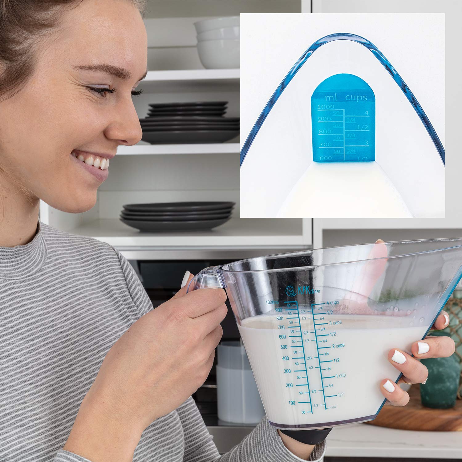 KPKitchen 4-Piece Angled Liquid Measuring Cups Plastic Set - BPA-Free Mini Oz, 1, 2 and 4 Plastic Measuring Cup Sizes - Measuring Cups For Liquids with ML & Cups Measures - Small & Large Measure Cup