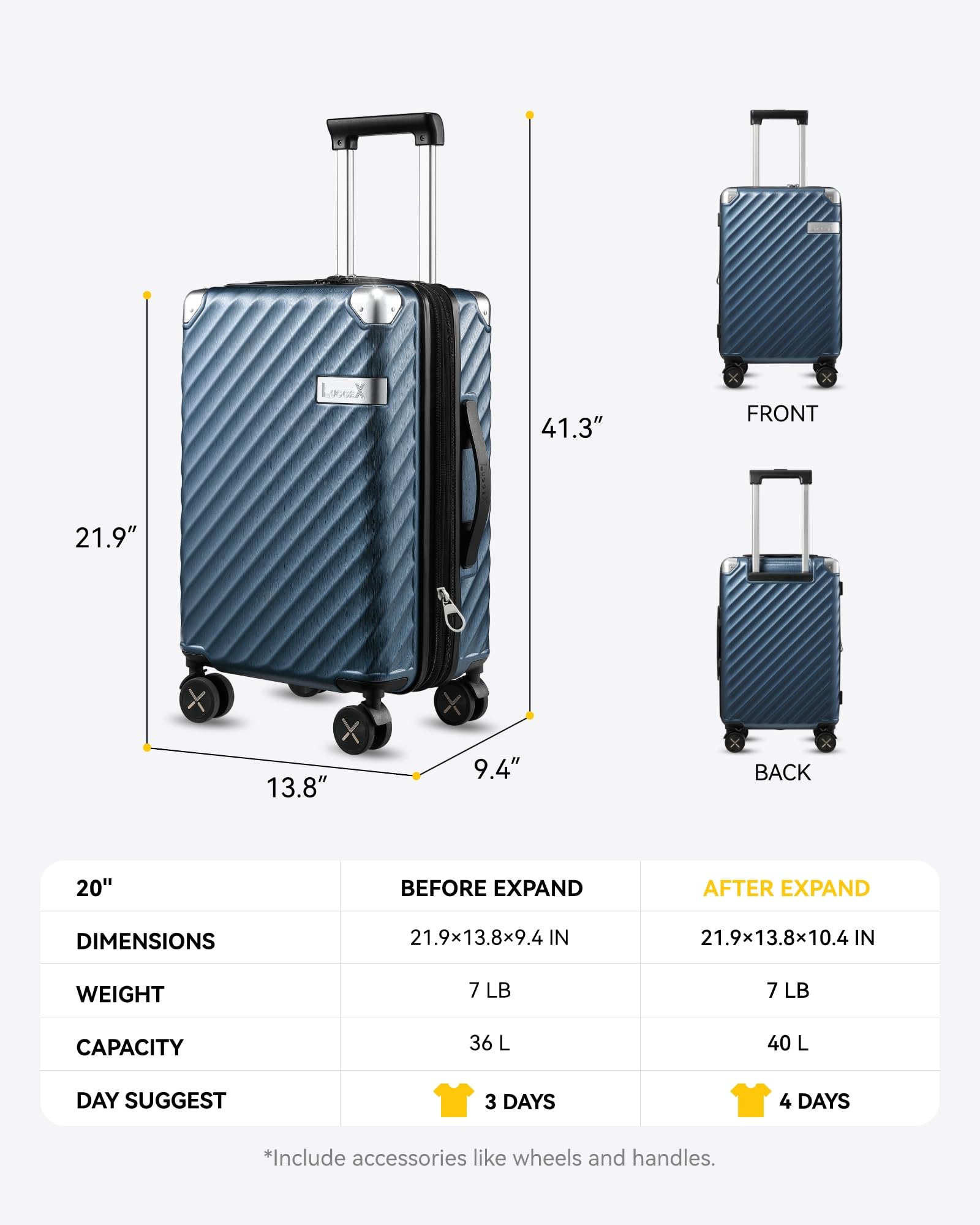 LUGGEX Luggage with Spinner Wheels, Polycarbonate Expandable Hard Shell Suitcase, Carry On 20 Inch, Black