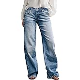Flamingals Wide Leg Jeans for Women Mid Waist Baggy Stitch Decor Denim Washed Pants Without Belt