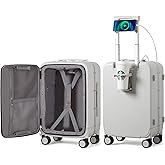 mixi Carry On Luggage with Cup Phone Holder and Charger Hard Shell Suitcases with Spinner Wheels, 20 Inch Smoke White