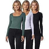 90 Degree By Reflex Womens 3 Pack Ribbed Seamless Crew Neck, Scoop Neck and Sqaure Neck Long Sleeve Top