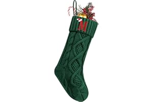 NACKIY Personalized Christmas Stockings with Initials, 18 Inches Large Embroidered Monogrammed Cable Knit Christmas Stocking for Family, Xmas Holiday Party Gifts & Decoration for Fireplace(Green,Letter M)
