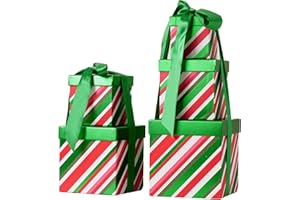PAPER FAIR 5PCS Christmas Nesting Gift Boxes with Lid, Xmas Nested Box Set, 5 Sizes Square Stackable, Green Red Stripe Peppermint Box Tower Décor w/ Satin Ribbon, for Holiday Thanksgiving New Year Package
