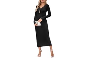 OUGES Women's Wool Blend 2025 Winter Maternity Sweater Dress V Neck Long Sleeve Slim Fit Ribbed Knit Midi Bodycon Dresses
