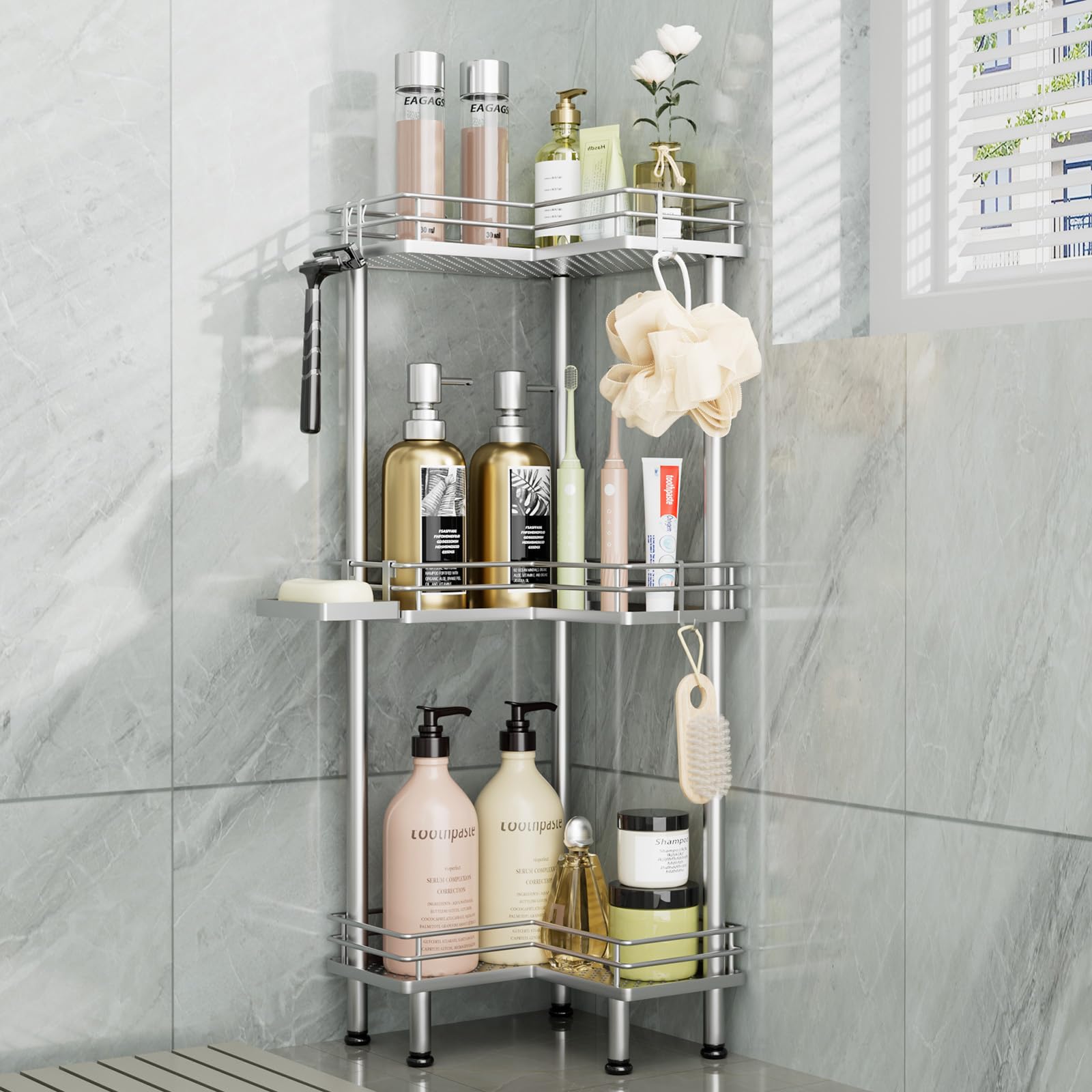 Photo 1 of Consumest Corner Shower Caddy Standing - 3-Tier Stainless Steel Shower Organizer with Soap Holder and 4 Hooks, Large Capacity Corner Shelf Stand for Bathroom, Rest Room, Silver