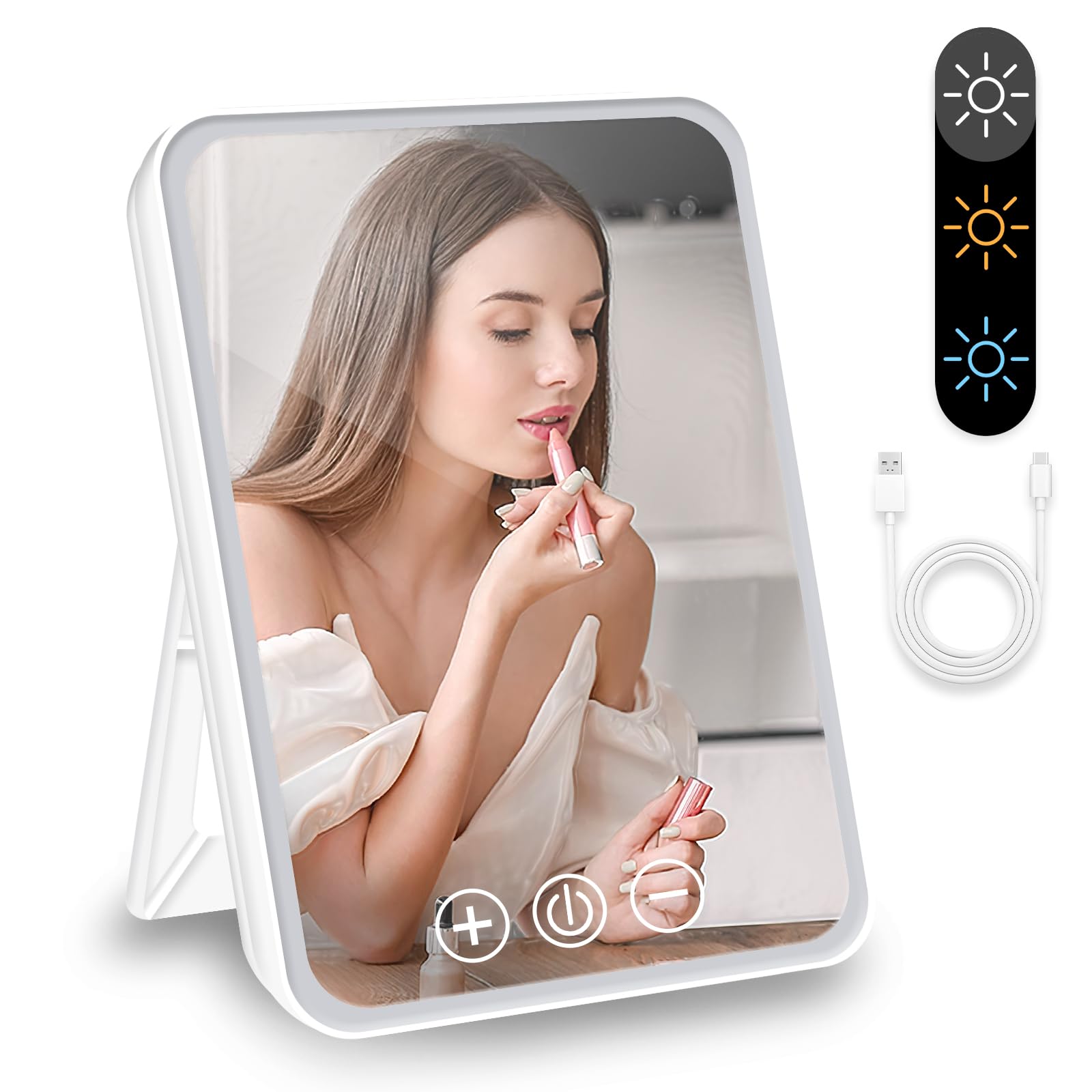 SweetPea Cherish Makeup Mirror with Lighting LED Cosmetic Mirror for Tabletop Simple Vanity Mirror for Travel, Portable Lightweight freestanding, 3 Color Light Adjustable brightness, 85° Rotation