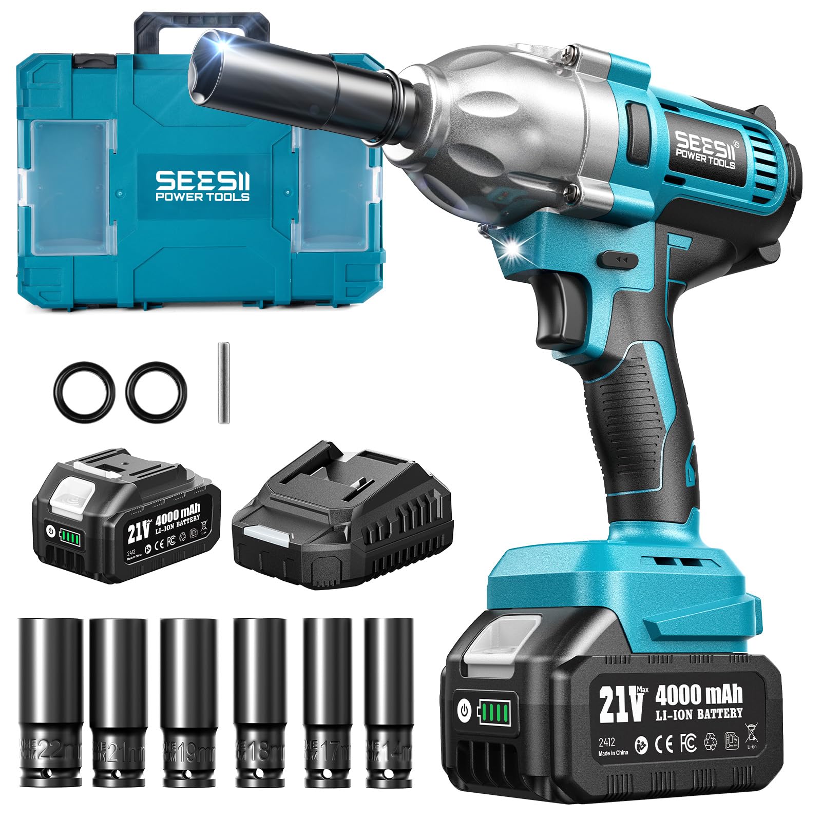 Seesii Impact Wrench 665 FT-LBS(900N.m) 3300IPM 1/2 Impact Gun High Torque Electric Impact Driver Cordless Impact Wrench with 21V 1x4.0Ah Battery 6 Sockets&Case for Home Car Tire Lug Nut Removal Tool Image