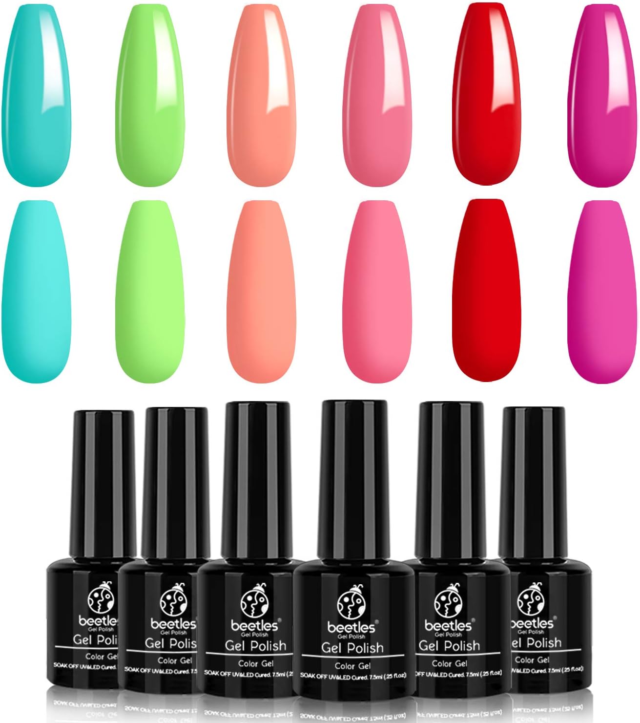 Beetles Neon Gel Nail Polish Set, Neon Orange Hot Pink Blue Yellow Green Purple 6 Colors Soak Off U V LED Gel Nail Kit, 7.3ml Each Bottle : Beauty