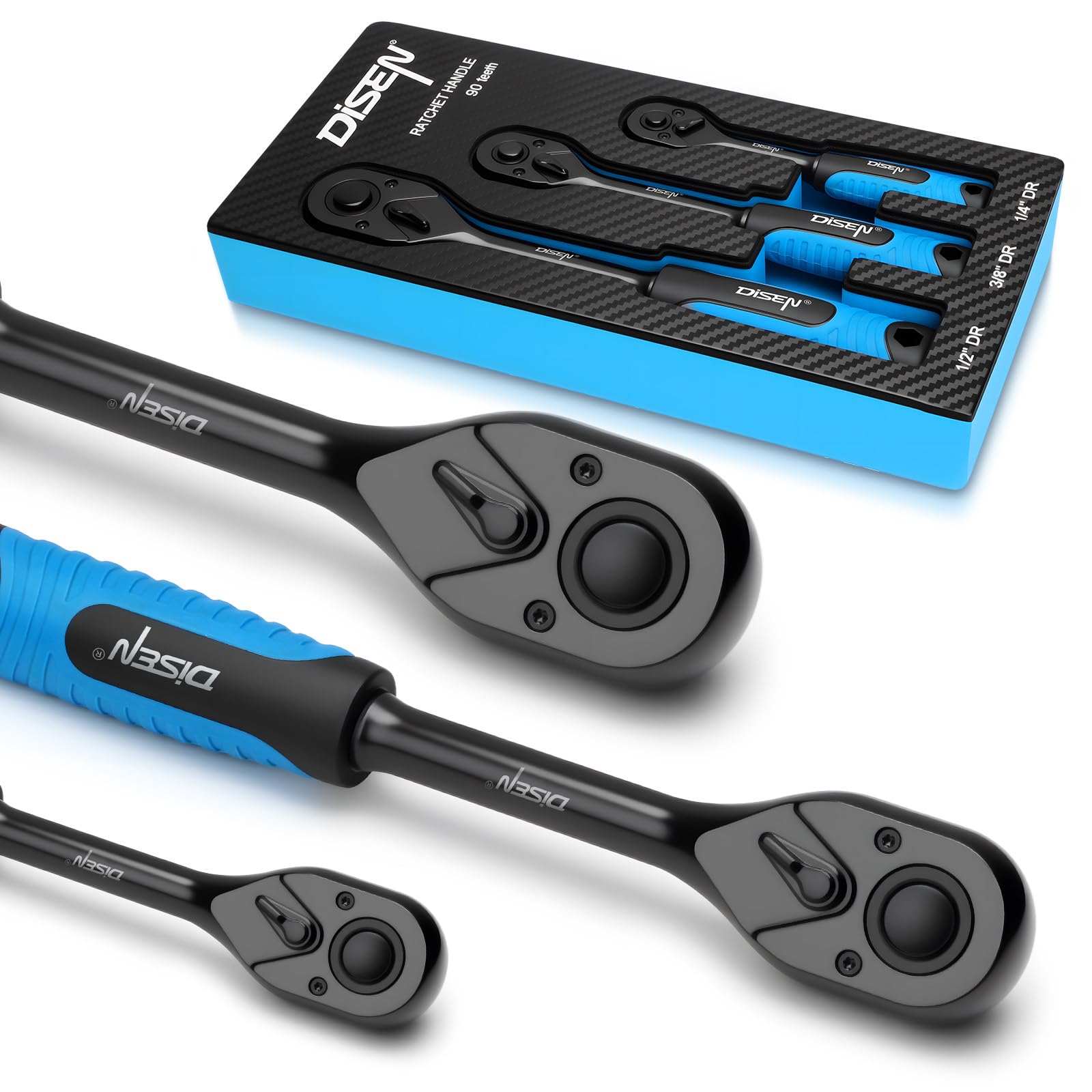 Photo 1 of DISEN 3pcs Black Ratchet Set (1/2", 3/8", 1/4" Drive) - 90-Tooth Reversible with Non-Slip Rubber Grip, Quick Release & EVA Tray - Professional Ratchet Wrench Handle Kit