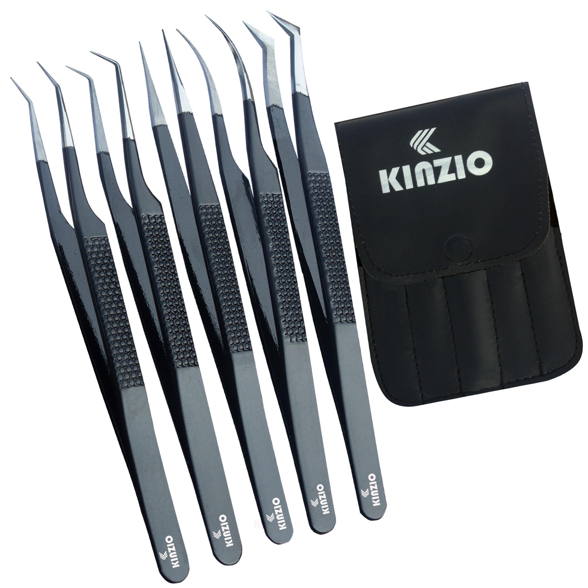 KINZO Lash Tweezers for Eyelash Extensions Tweezers Set of 5, Japanese Stainless Steel, Straight Curved 45 90 Degree Volume Eyelash Tweezers (Balck, 5 pcs Set)