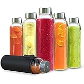 Chef's Star 18 Oz Glass Water Bottles, Glass Drinking Bottle with Protection Sleeve, Juice Bottles with Stainless Steel Leak Proof Lids, Pack of 6