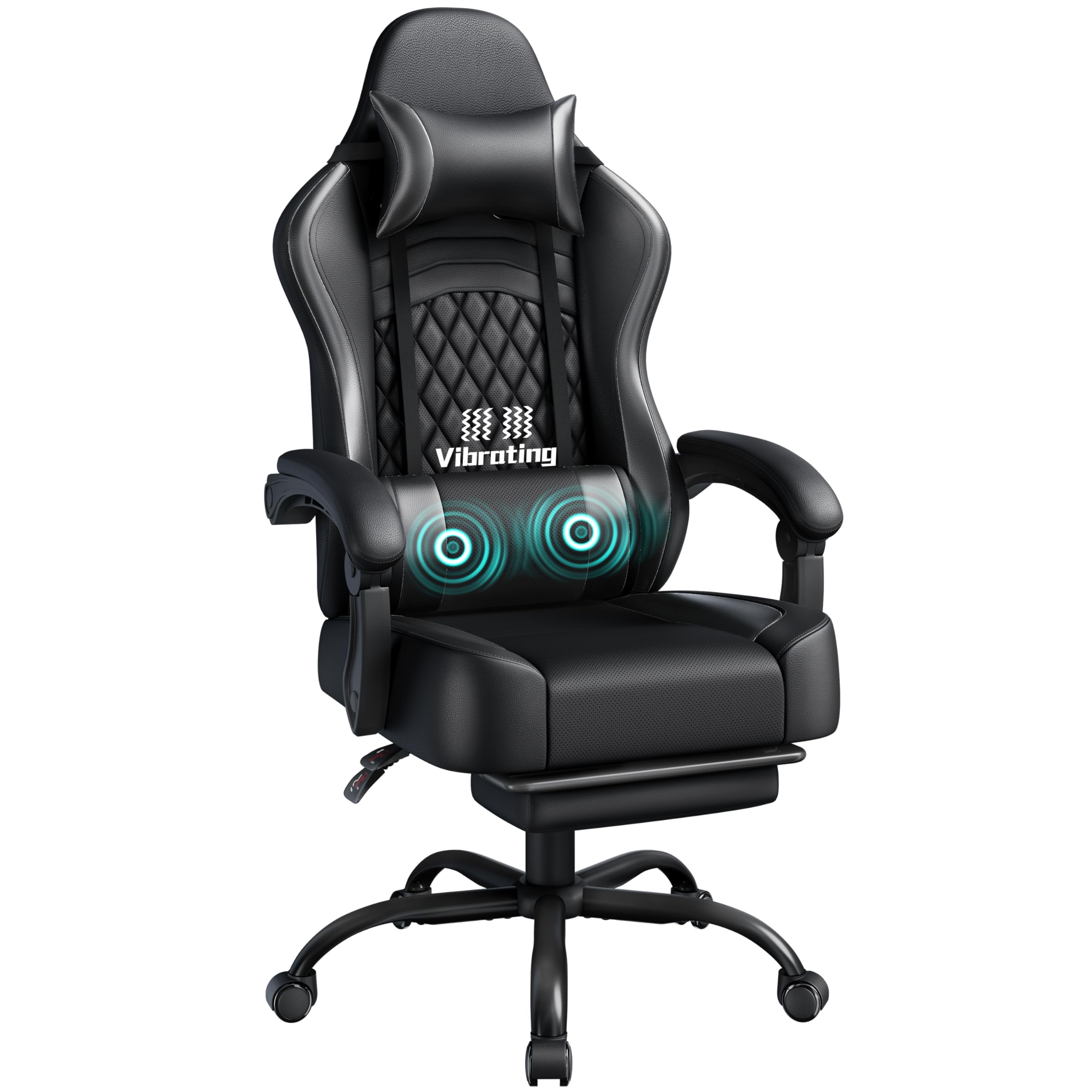Yaheetech Gaming Stuhl, Ergonomischer Gaming-Stuhl mit Massagefunktion & Ausziehbarer Fußstütze, Verstellbare Rückenlehne, Höhenverstellbar, PC-Stuhl Computerstuhl Drehsessel (Schwarz)