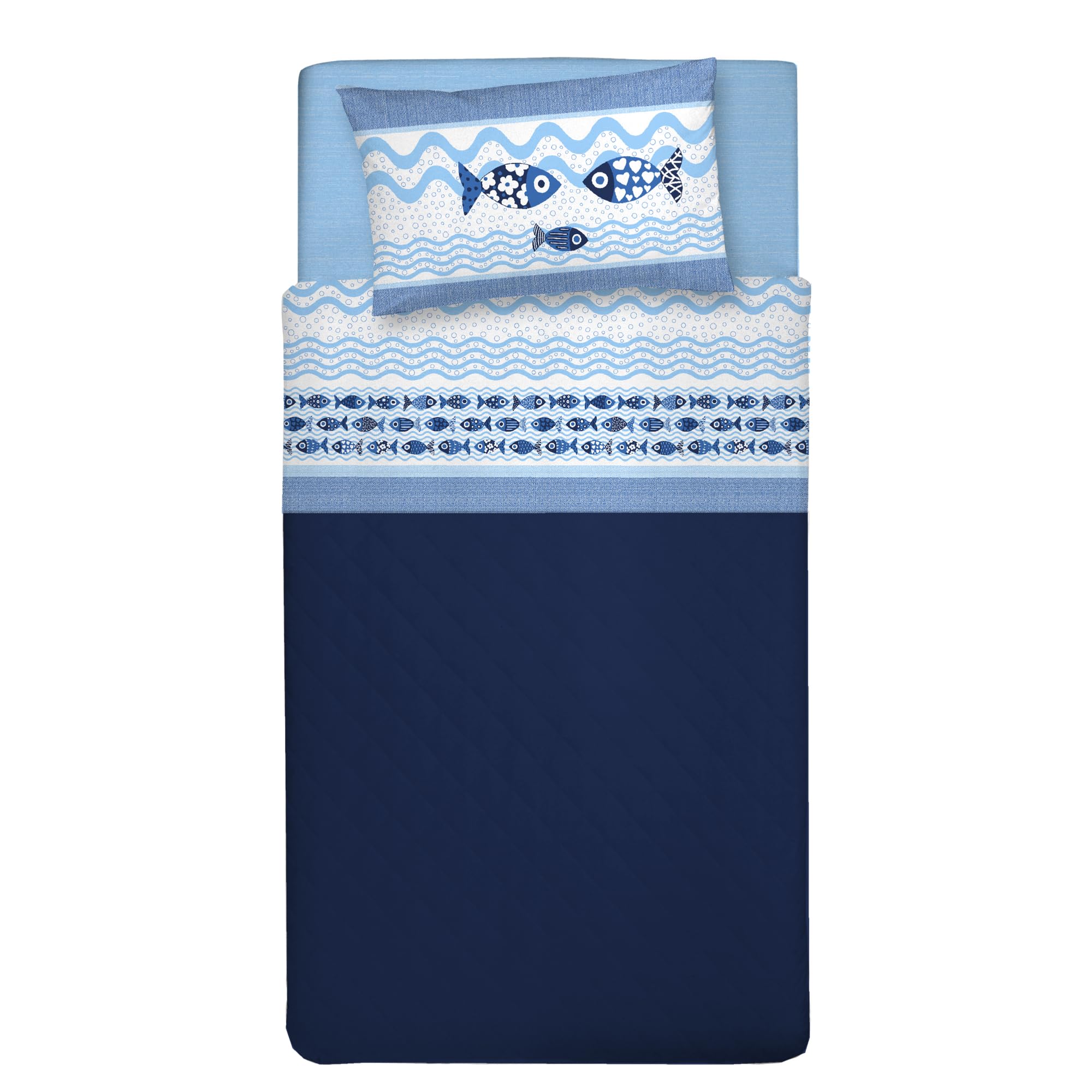 PENSIERI DELICATI 3/4 Bed Sheet Set, 100% Cotton, 120 x 200 cm 3/4 Bed Sheet Set, Includes Bottom Sheet, Top Sheet and 1 Pillowcase, Made in Italy, Blue Fish Pattern