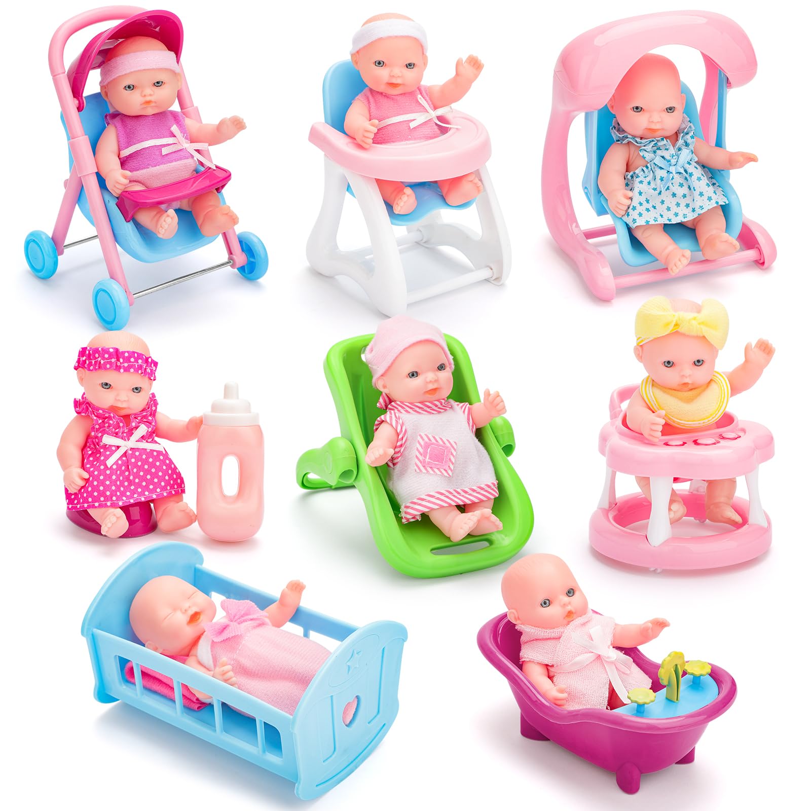 deAO 8 Sets 5" Mini Baby Dolls, Baby Doll Set with Accessories Including Stroller, Bathtub, Crib, High Chair, Swing, Walker, Small Baby Doll Toys for 3+ Years Old Kids Girls