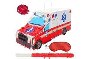 Piñata 3D Ambulance Piñata Bundle with a Blindfold and Bat for Ambulance Theme Birthday Decorations, Boys Birthday Party Supp